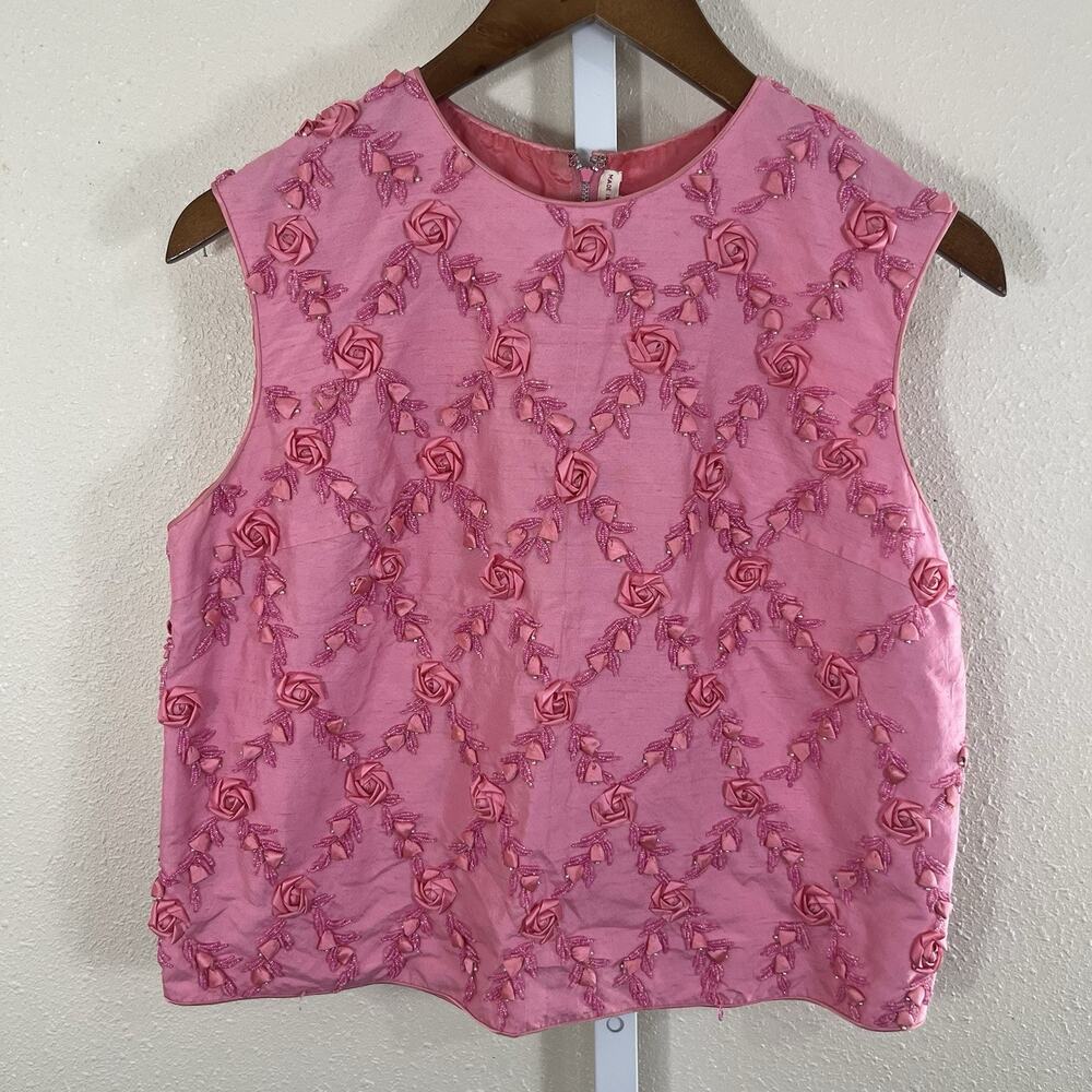 Vintage Pink Beaded Rosette Blouse Size 38 Coquette Fairycore
